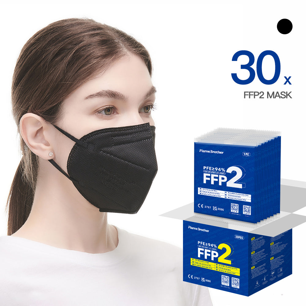 FlameBrother FFP2 Face Mask, 30pcs 5-Layer Filter Disposable Respirator, CE 2797 Certified Protective FFP2 Masks Black Color, Individually Packaged