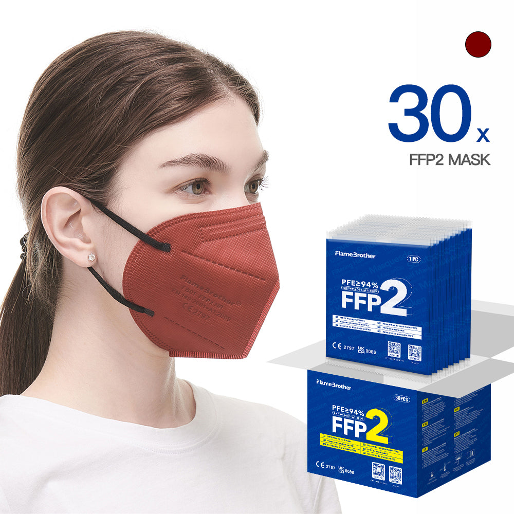 FlameBrother FFP2 Face Mask, 30pcs 5-Layer Filter Disposable Respirator, CE 2797 Certified Protective FFP2 Masks Dark Red Color, Individually Packaged