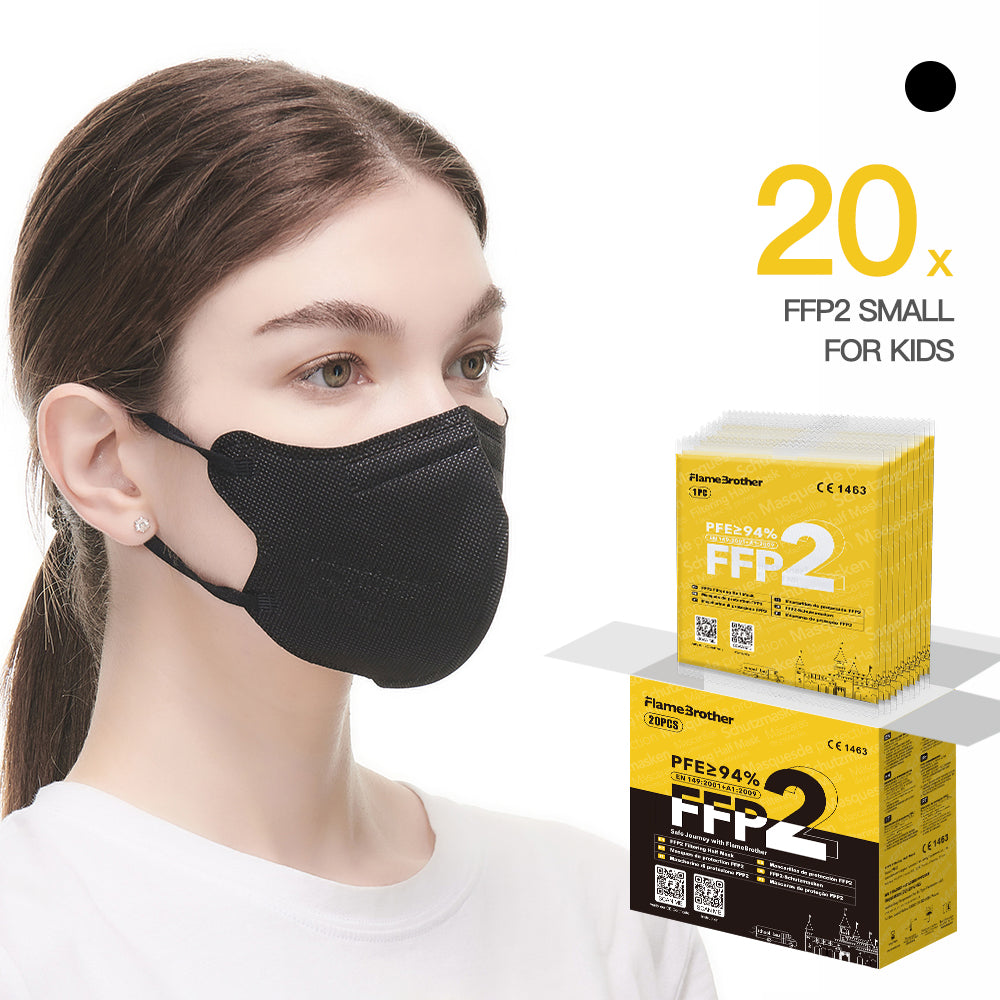 FlameBrother FFP2 Premium Mask 20pcs Small Size (Size S for Teens), CE certified 1463,  Hygienic individual packaging Black