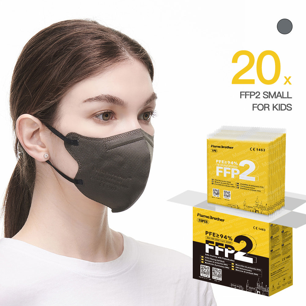 FlameBrother FFP2 Premium Mask 20pcs Small Size (Size S for Teens), CE certified 1463,  Hygienic individual packaging Grey