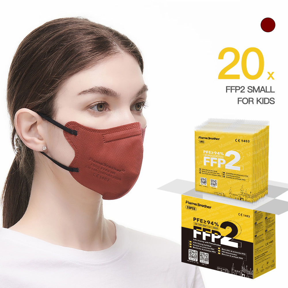 FlameBrother FFP2 Premium Mask 20pcs Small Size (Size S for Teens), CE certified 1463,  Hygienic individual packaging Dark Red