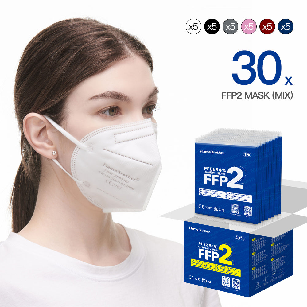 FlameBrother FFP2 Face Mask, 30pcs 5-Layer Filter Disposable Respirator, CE 2797 Certified Protective FFP2 Masks Mix Color, Individually Packaged