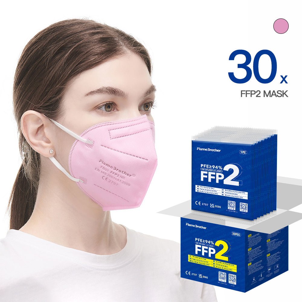 FlameBrother FFP2 Face Mask, 30pcs 5-Layer Filter Disposable Respirator, CE 2797 Certified Protective FFP2 Masks Pink Color, Individually Packaged