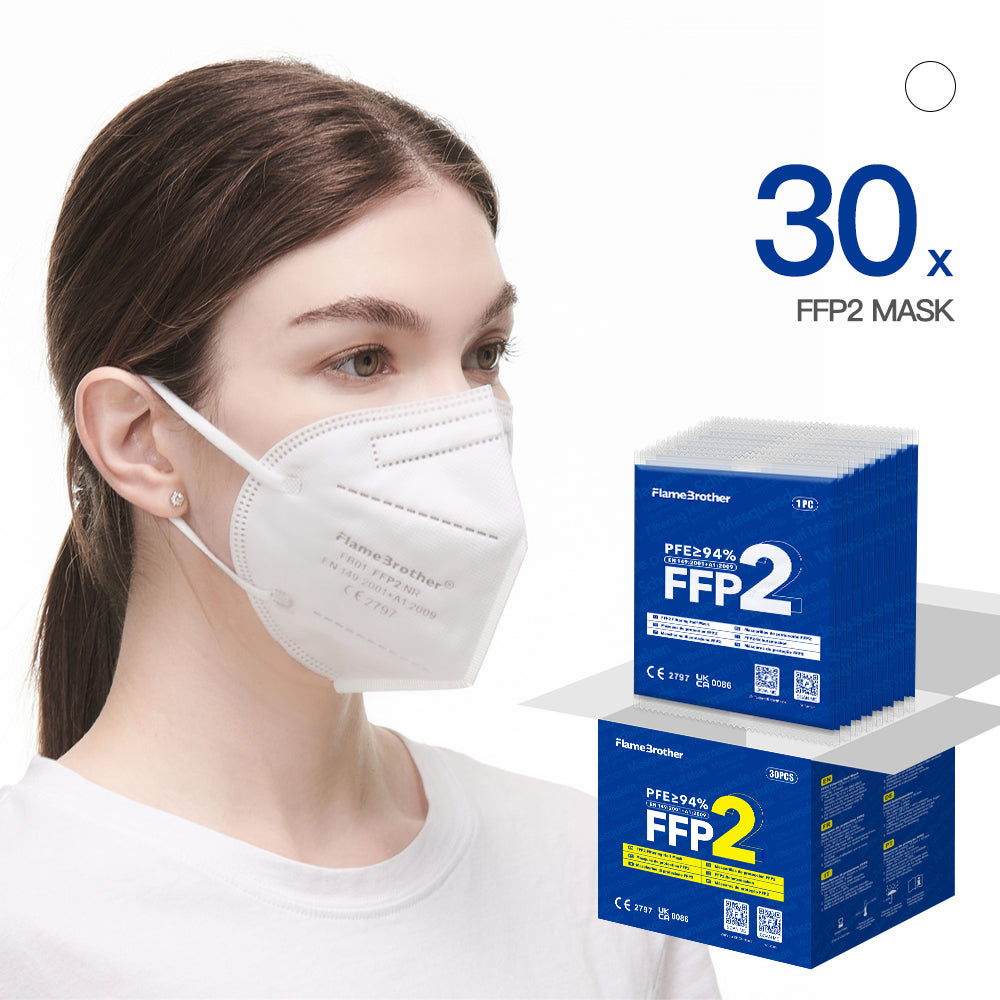 FlameBrother FFP2 Face Mask, 30pcs 5-Layer Filter Disposable Respirator, CE 2797 Certified Protective FFP2 Masks White Color, Individually Packaged
