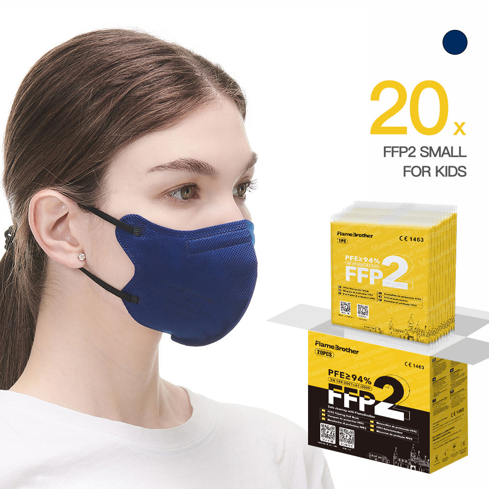 FlameBrother FFP2 Premium Mask 20pcs Small Size (Size S for Teens), CE certified 1463,  Hygienic individual packaging Dark Blue