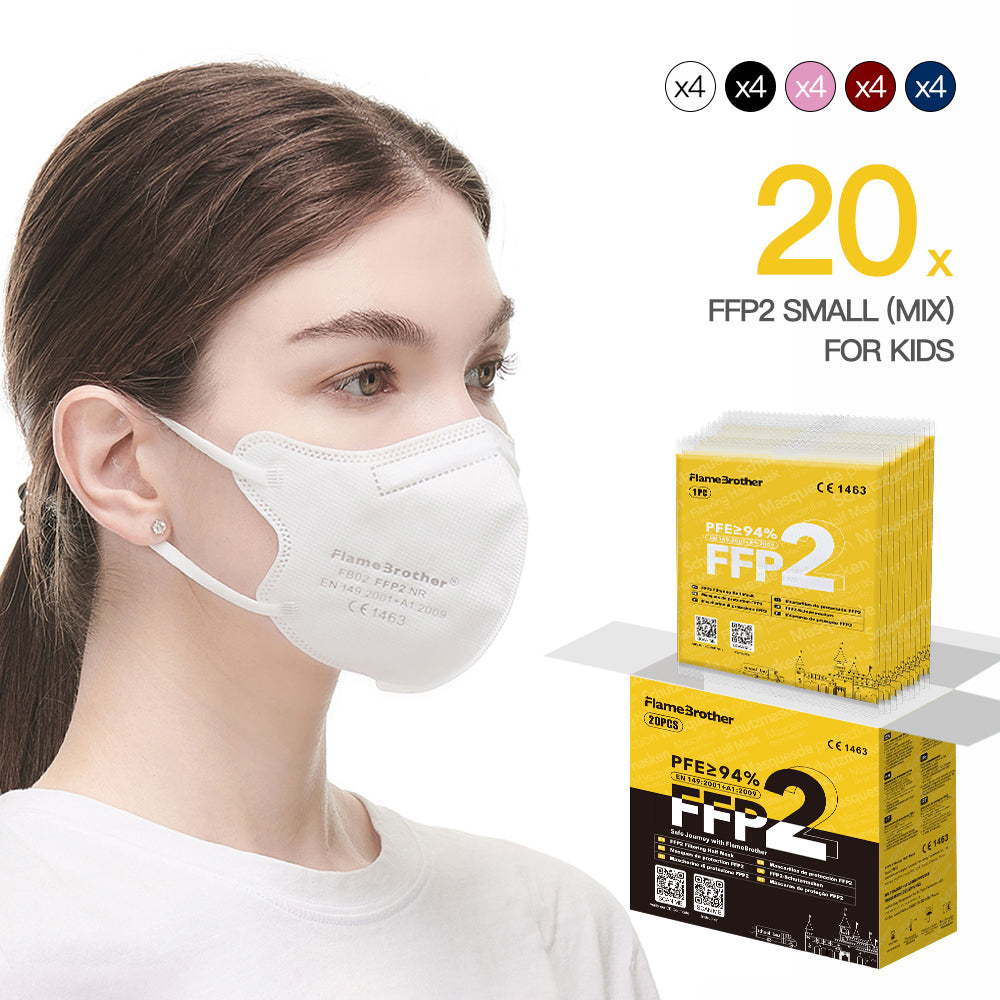 FlameBrother FFP2 Premium Mask 20pcs Small Size (Size S for Teens), CE certified 1463,  Hygienic individual packaging Mix