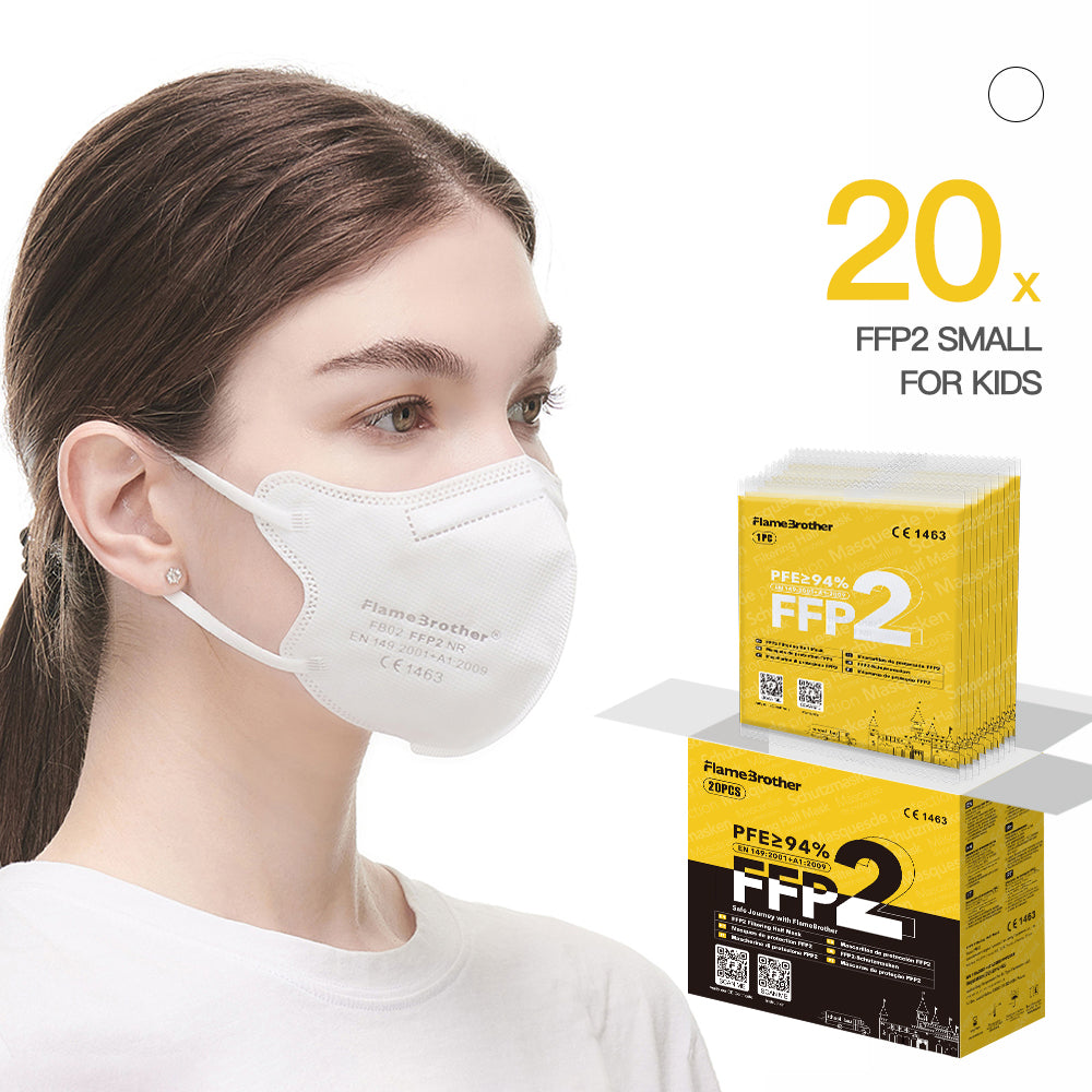 FlameBrother FFP2 Premium Mask 20pcs Small Size (Size S for Teens), CE certified 1463,  Hygienic individual packaging White